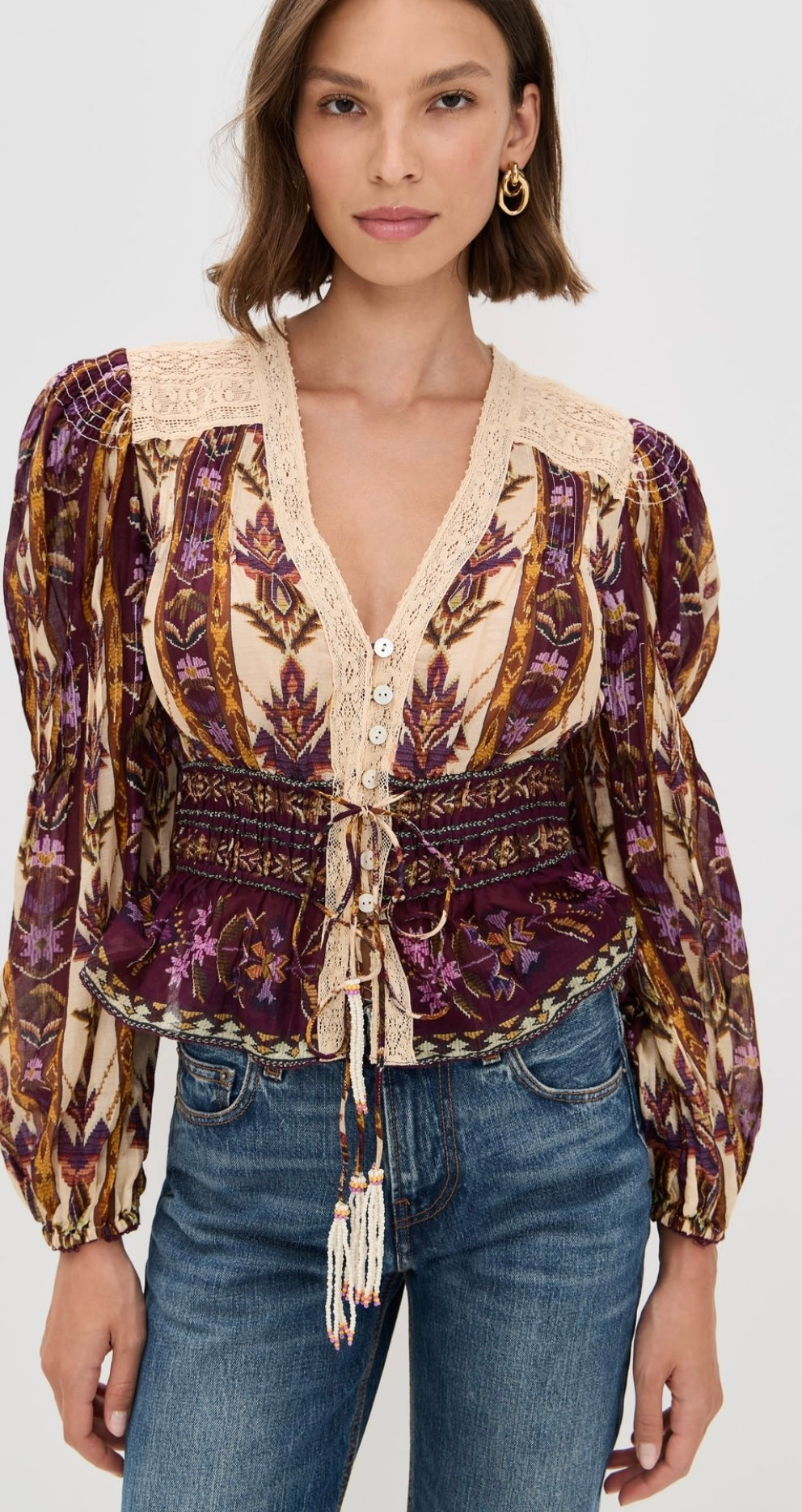 EMBROIDERED TAPESTRY SAND LONG SLEEVE BLOUSE