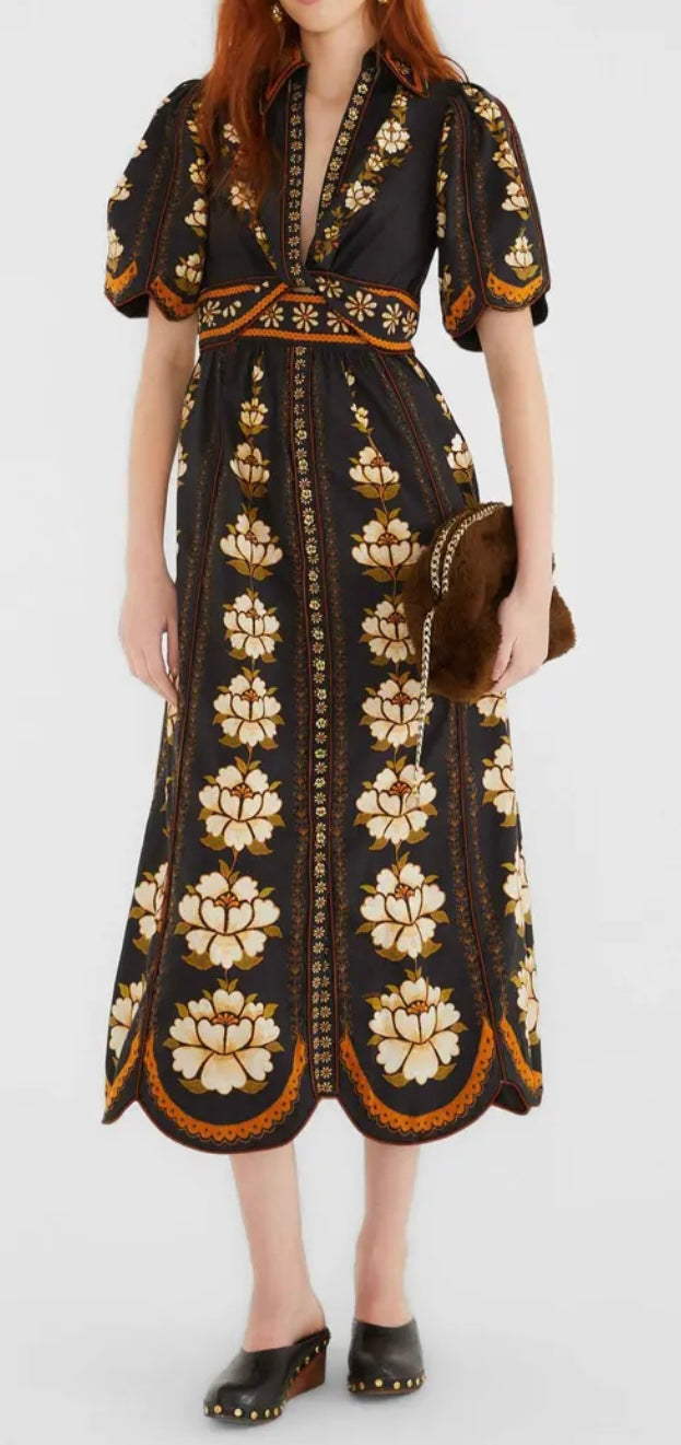 Embroidered Flowers Midi Dress