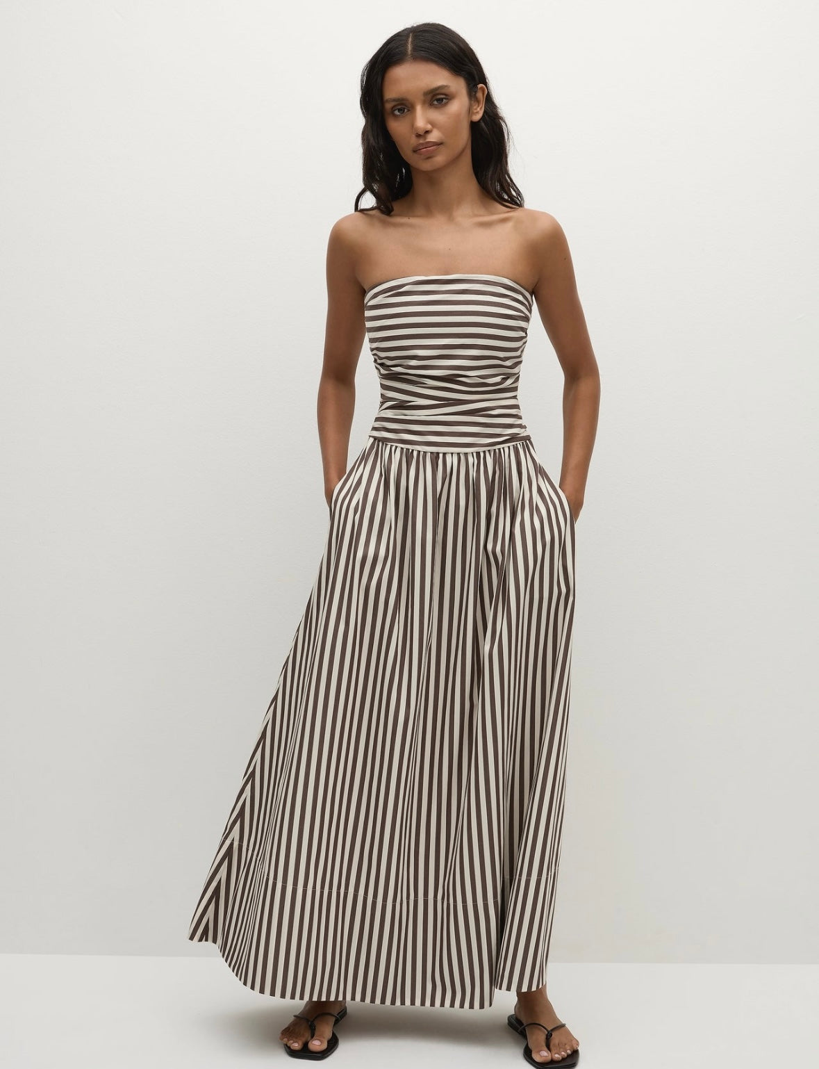 black and white striped strapless maxi dress Vera Maxi Dress Norway Stripe Espresso
