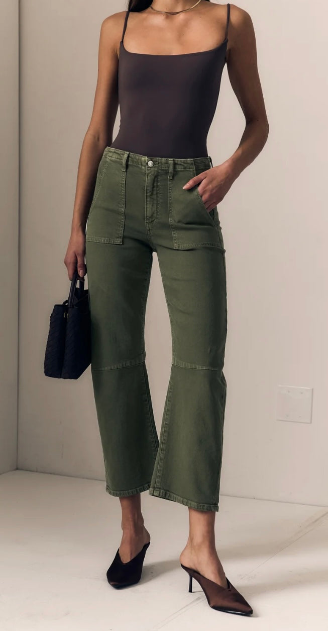 Utility Soft Barrel Mid Rise Olive Green Jeans