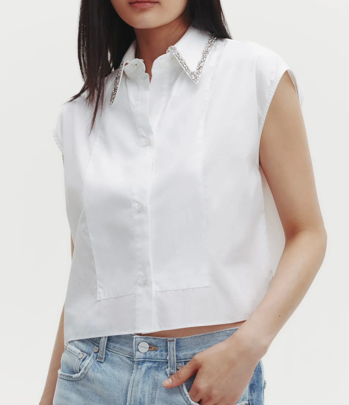 CAP SLEEVE TOP WITH BEADED COLLAR