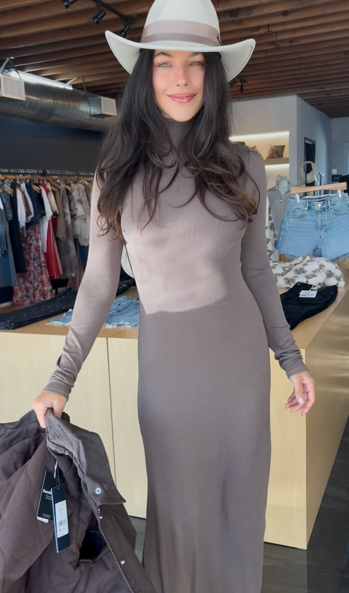 Silk rib fluid turtleneck dress