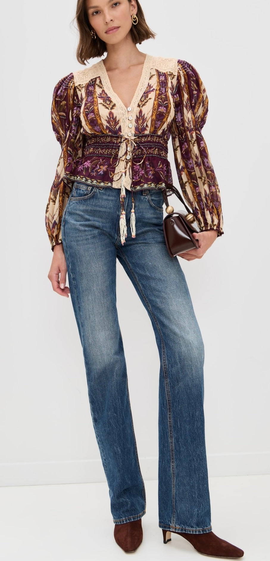 EMBROIDERED TAPESTRY SAND LONG SLEEVE BLOUSE