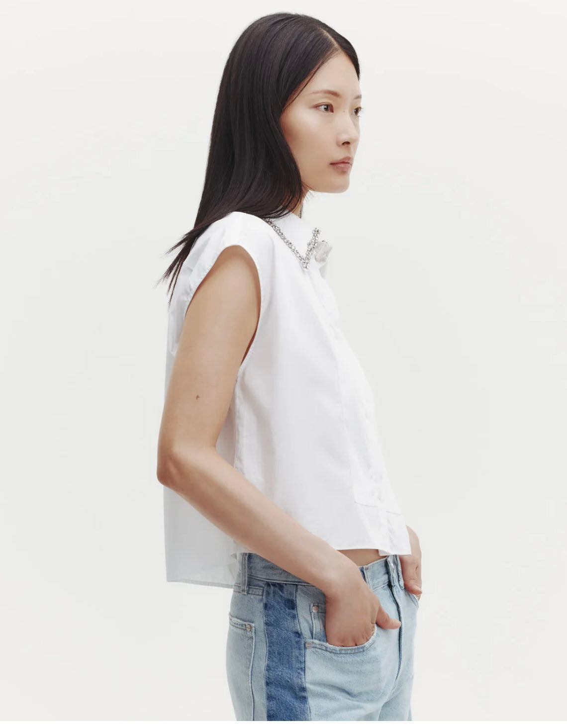 CAP SLEEVE TOP WITH BEADED COLLAR