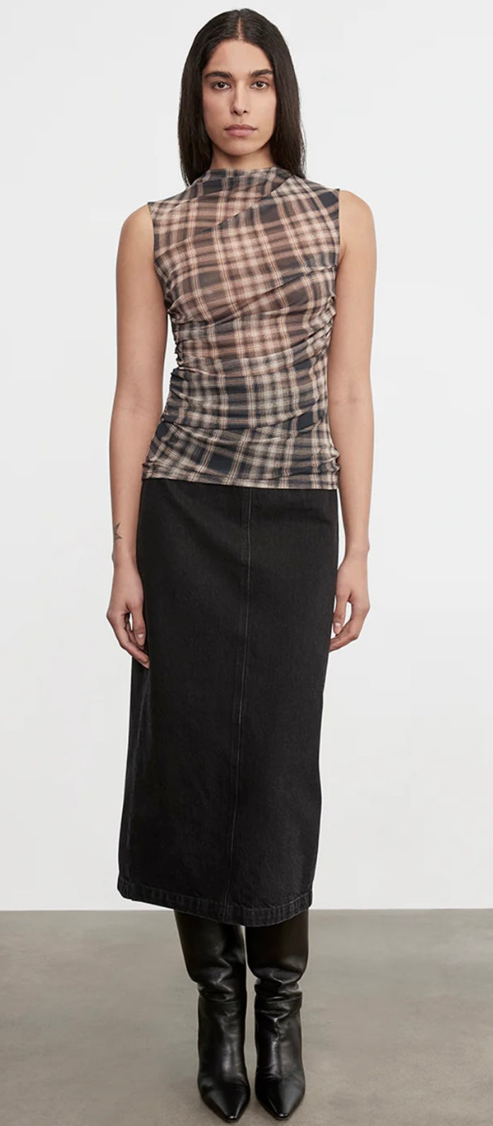 Plaid mesh sleeveless twist top